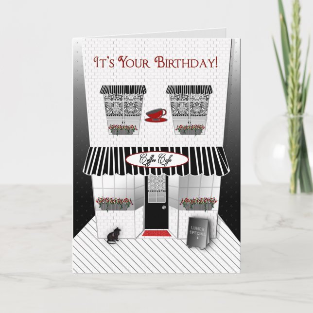 Birthday - French Cafe' - Black/Red/White Card (Front)