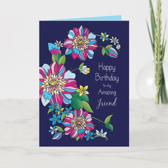 Birthday, Friend, Bright Bold & Colourful Flowers Card (Front)