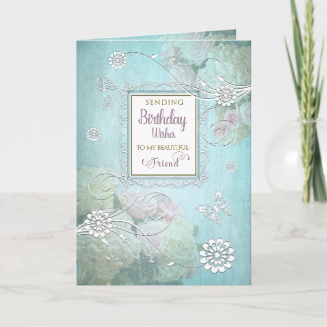 Birthday,  Friend,  Elegant Country Floral Aqua Card (Front)