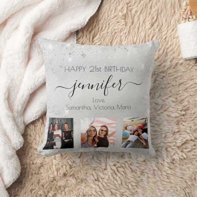 Birthday friend silver glitter photo cushion (Blanket)