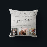 Birthday friend silver photo collage name script  cushion<br><div class="desc">A gift from friends for a woman's 21st birthday, celebrating her life with 3 of your photos of her, her friends, family, interest or pets. Personalise and add her name, age 21 and your names. Black coloured letters. A chic faux silver metallic looking background colour. Her name is written with...</div>
