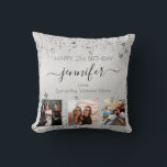Birthday friend silver photo collage name script  cushion<br><div class="desc">A gift from friends for a woman's 21st birthday, celebrating her life with 3 of your photos of her, her friends, family, interest or pets. Personalise and add her name, age 21 and your names. Black coloured letters. A chic faux silver metallic looking background colour. Her name is written with...</div>