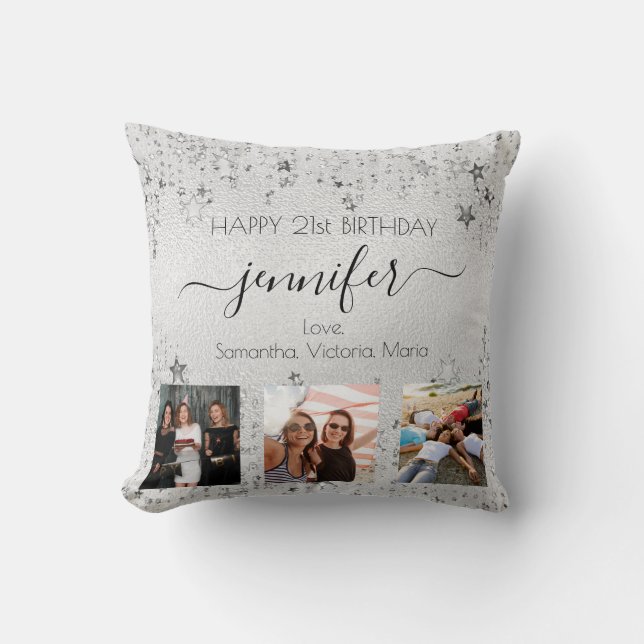 Birthday friend silver photo collage name script  cushion (Front)
