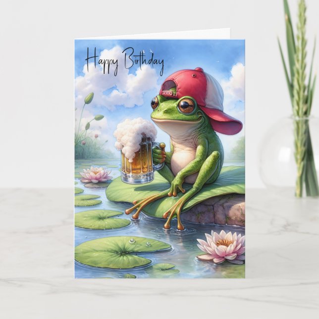 Birthday Frog Holding a Beer Mug Card (Front)
