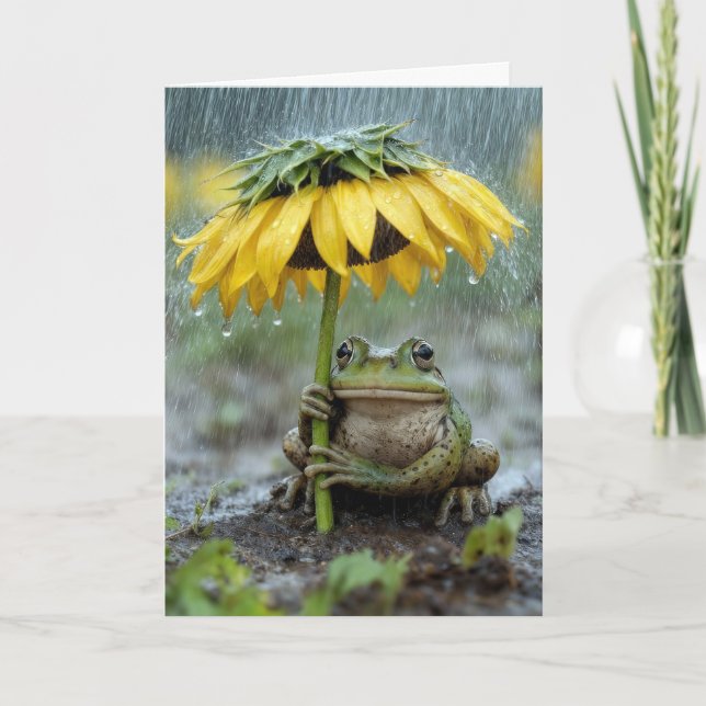 Birthday Frog Under Sunflower Umbrella Card (Front)