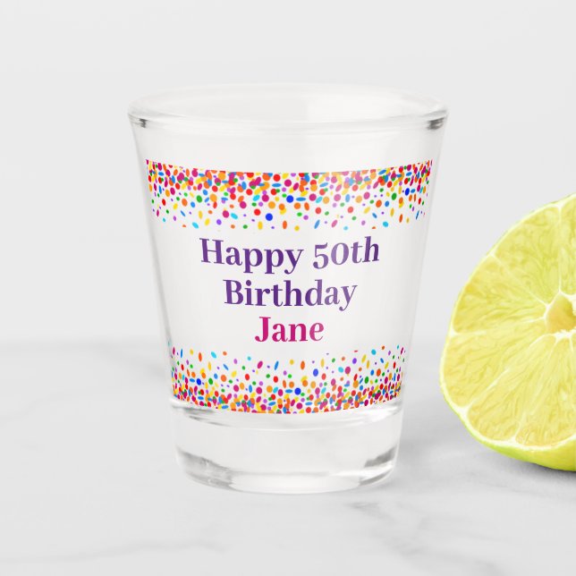 Birthday Fun Colourful Confetti Add Name Shot Glass (Front)
