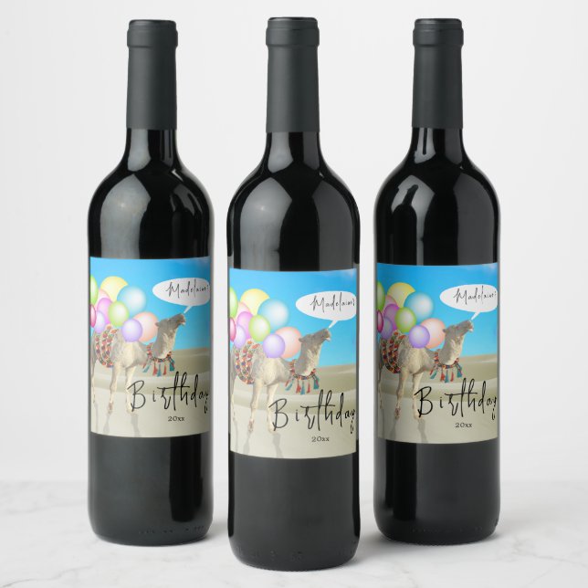 Birthday Fun  Desert Camel Balloons Colourful  Wine Label (Bottles)