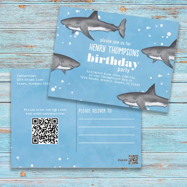 Birthday Fun Whimsical Sharks Ocean QR Code  Postcard (Creator Uploaded)