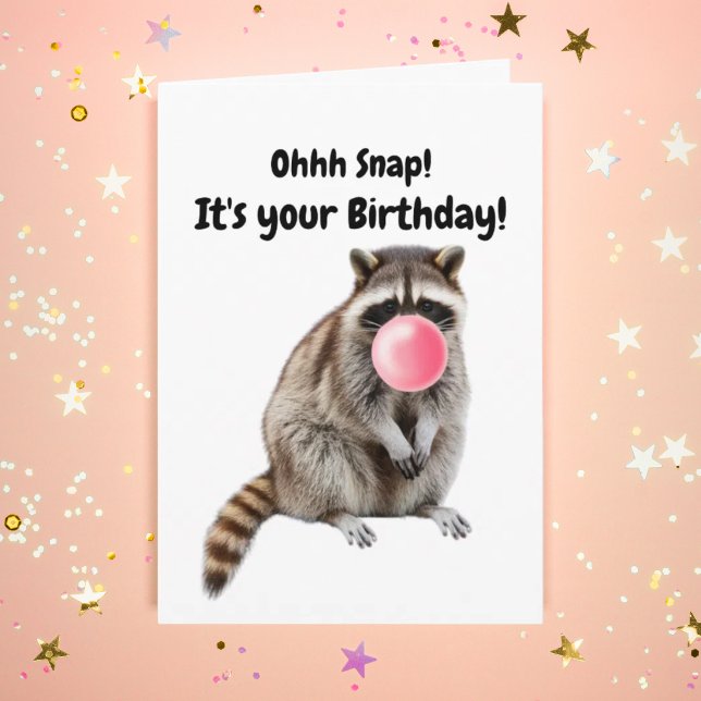 Birthday Funny Racoon Blows Pink Bubble Card (Creator Uploaded)