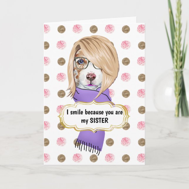 Birthday funny sister blonde collie dog rose gold card (Front)
