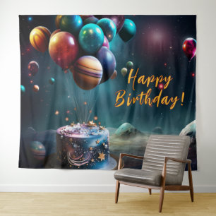 Birthday Galaxy Outer Space Cake Banner Tapestry