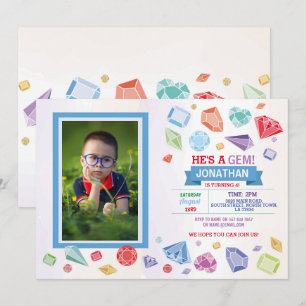 Birthday Gem Party Crystals Boy's Red Blue Photo Invitation