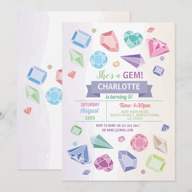 Birthday Gem Party Crystals Girl's Pastel Invitation (Front/Back)