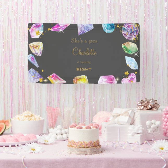 Birthday Gem Party Crystals Girl's watercolor Banner (Party)