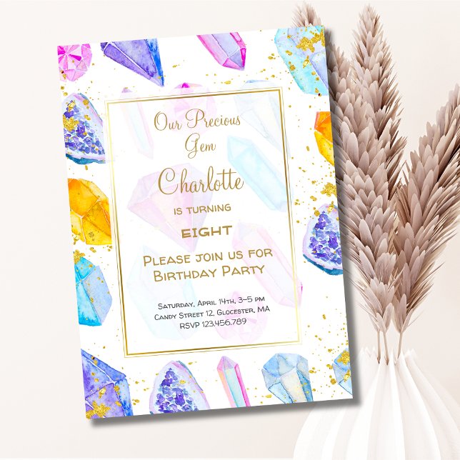 Birthday Gem Party Crystals Girl's watercolor Invitation (Creator Uploaded)