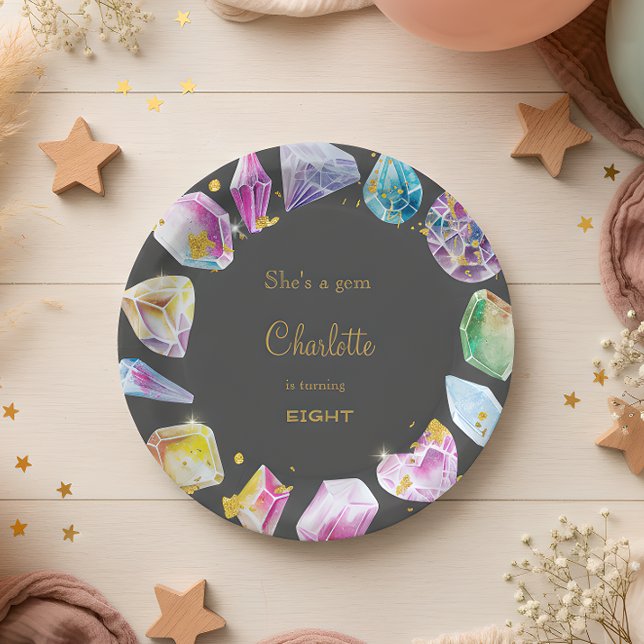 Birthday Gem Party Crystals Girl's watercolor Paper Plate (Creator Uploaded)