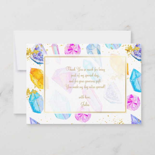Birthday Gem Party Crystals Girl's watercolor Thank You Card (Front)