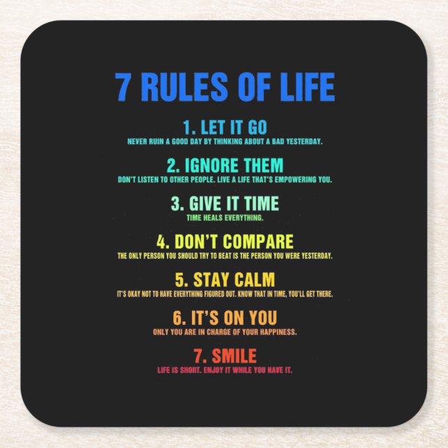 Birthday Gift 7 Rules Of Life Square Paper Coaster (Front)