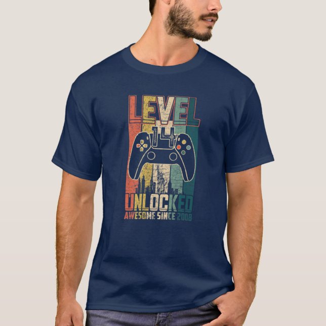 Birthday Gift Awesome Since 2008 Level 14 Unlocked T-Shirt (Front)