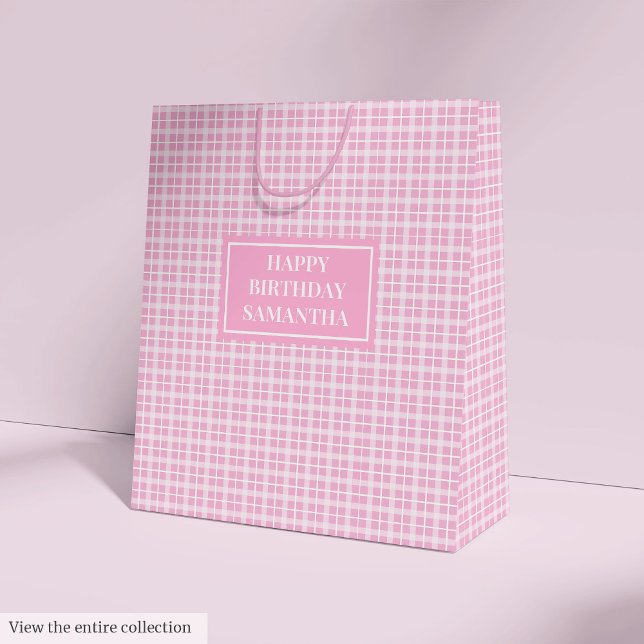 Birthday Gift Bag Pink Plaid Monogram Keepsake (Birthday Gift Bag Pink Plaid Monogram Keepsake)