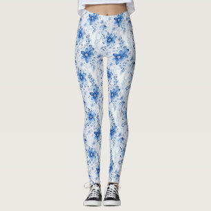 Birthday Gift Floral With Blue and White Flowers Leggings