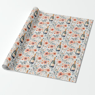 Birthday Gift   Floral With Champagne Bottle Wrapping Paper