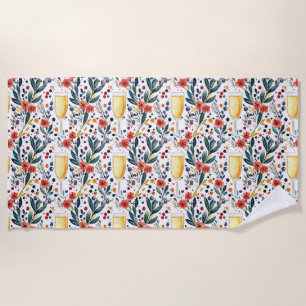Birthday Gift Floral With Champagne Glasses Beach Towel