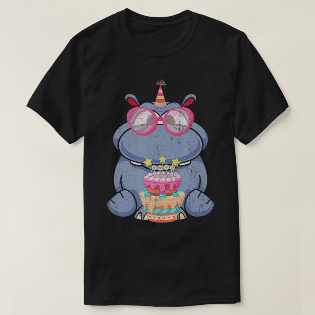 Birthday Gift Idea Cake Kids Cute Hippo  T-Shirt (Design Front)