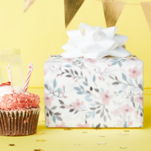 Birthday Gift Pink, Blue, and Grey Flowers Wrapping Paper
