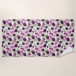 Birthday Gift Seamless Blackberry and Flower Beach Towel