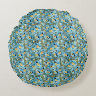 Birthday Gift   Seamless Blue and Gold Floral Round Cushion