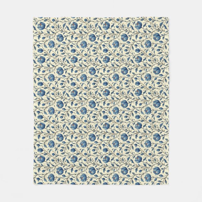 Birthday Gift | Seamless Blue Flower and Leaf Fleece Blanket (Front)