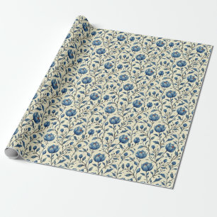 Birthday Gift   Seamless Blue Flower and Leaf Wrapping Paper