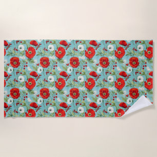 Birthday Gift Seamless Red and White Poppy Beach Towel