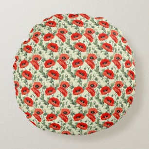 Birthday Gift Seamless Red Poppy Round Cushion