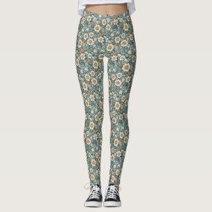 Birthday Gift   Teal and Beige Floral Pattern Leggings