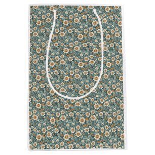 Birthday Gift   Teal and Beige Floral Pattern Medium Gift Bag