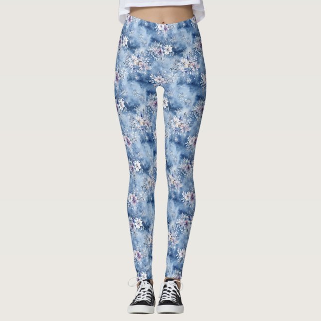 Birthday Gift | Watercolor Floral With Snowflakes Leggings (Front)