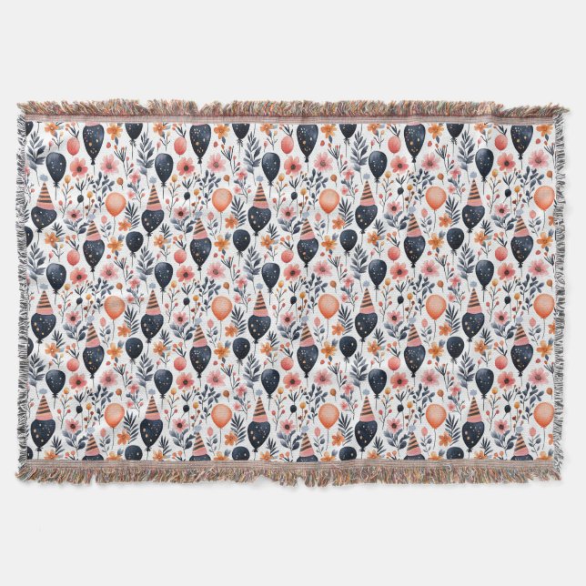 Birthday Gift | Whimsical Balloon and Flower Throw Blanket (Front)