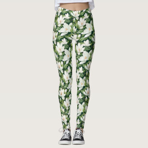 Birthday Gift White Magnolia Flowers Seamless Leggings