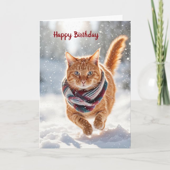 Birthday Ginger Cat In Snowflakes Holiday Card (Front)
