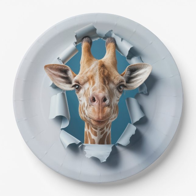 Birthday Giraffe Peeking Through a Paper Hole Paper Plate (Front)