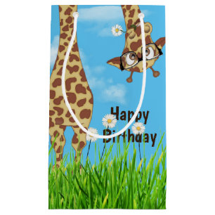 Birthday Giraffe with Glasses in Grass Small Gift Bag