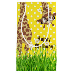 Birthday Giraffe with Glasses on Polka Dots  Small Gift Bag