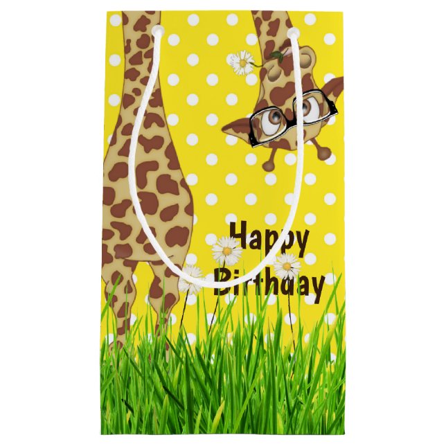 Birthday Giraffe with Glasses on Polka Dots  Small Gift Bag (Front)