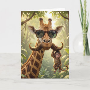 Birthday Giraffe With Moustache and Monkey Card
