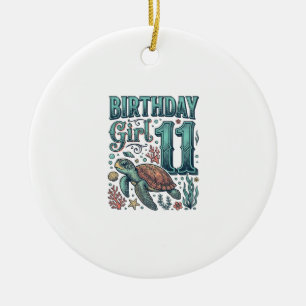 Birthday Girl 11 Sea Turtle Vintage Engraving Desi Ceramic Tree Decoration