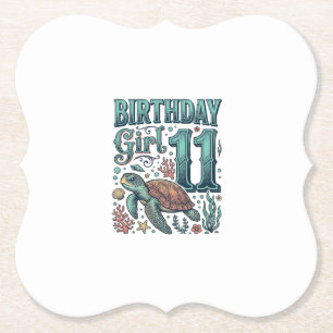 Birthday Girl 11 Sea Turtle Vintage Engraving Desi Paper Coaster