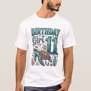 Birthday Girl 11 Sea Turtle Vintage Engraving Desi T-Shirt