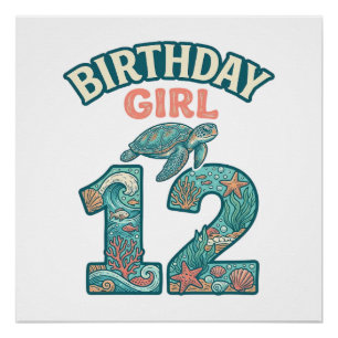 Birthday Girl 12 Sea Turtle Ocean Vintage Shirt De Poster
